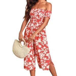 LULUs Summer Nights Red Floral Print Culotte Jumpsuit Women’s Size Large L Boho